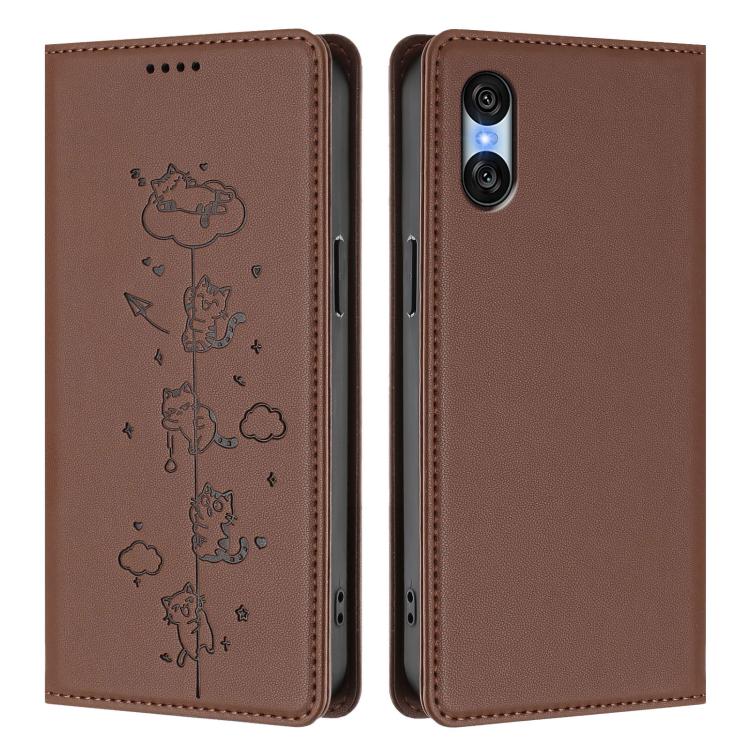 For Sony Xperia 10 VI Cute Cats Embossed Magnetic RFID Vegan Leather Phone Case