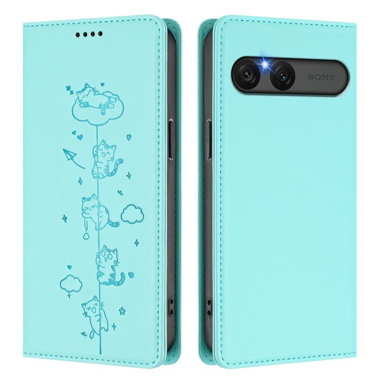 For Sony Xperia 10 VII Cute Cats Embossed Magnetic RFID Vegan Leather Phone Case
