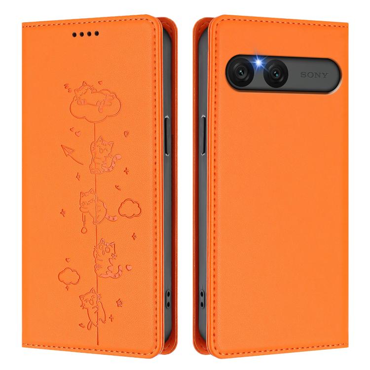 For Sony Xperia 10 VII Cute Cats Embossed Magnetic RFID Vegan Leather Phone Case