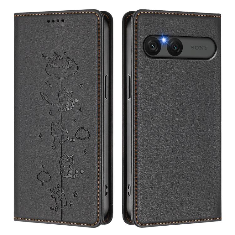 For Sony Xperia 10 VII Cute Cats Embossed Magnetic RFID Vegan Leather Phone Case