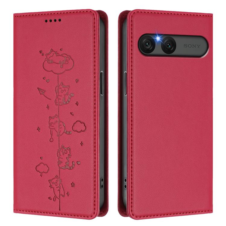 For Sony Xperia 10 VII Cute Cats Embossed Magnetic RFID Vegan Leather Phone Case