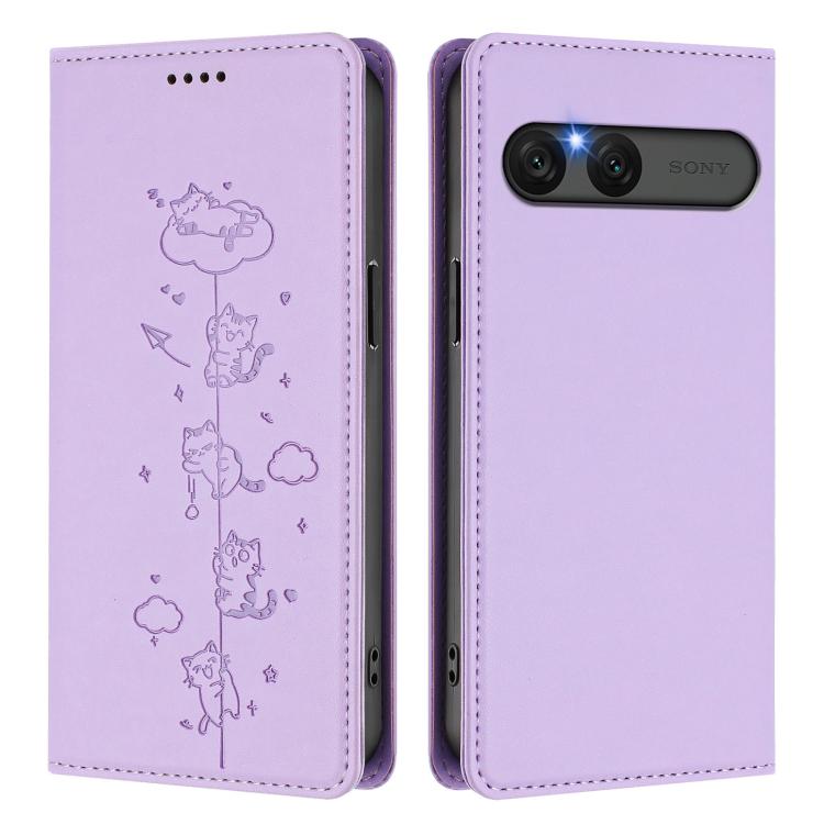 For Sony Xperia 10 VII Cute Cats Embossed Magnetic RFID Vegan Leather Phone Case
