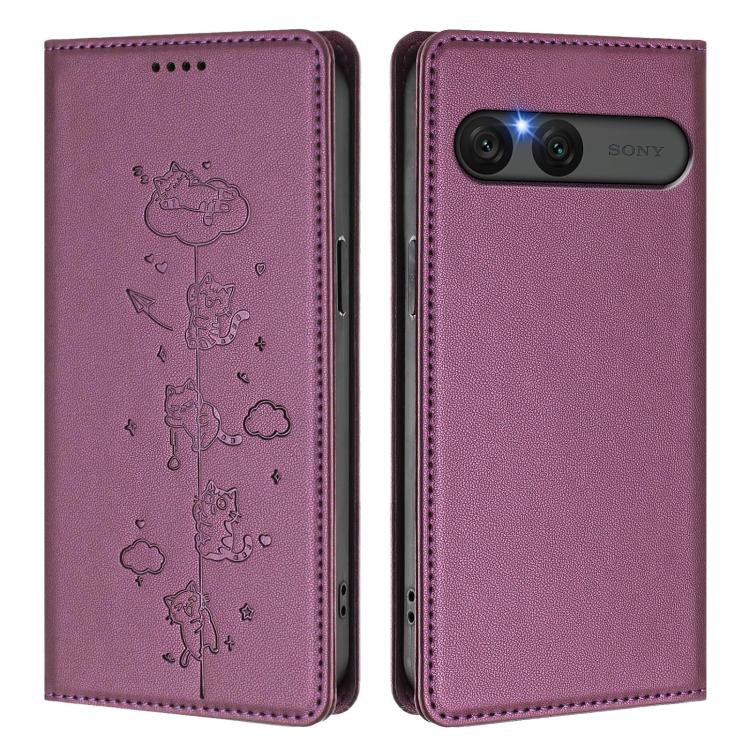 For Sony Xperia 10 VII Cute Cats Embossed Magnetic RFID Vegan Leather Phone Case