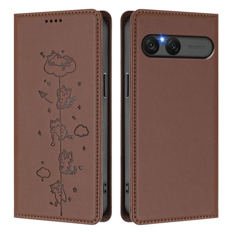 For Sony Xperia 10 VII Cute Cats Embossed Magnetic RFID Vegan Leather Phone Case