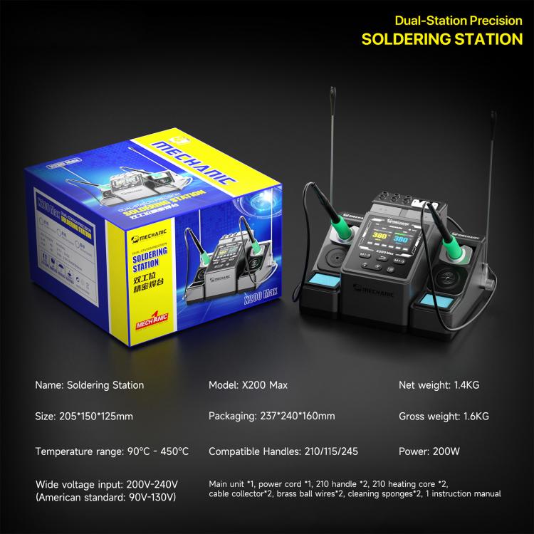 MECHANIC X200 Max Pen-Style Smart Temperature-Adjustable Dual-Station Precision Soldering Station, Plug:US Plug