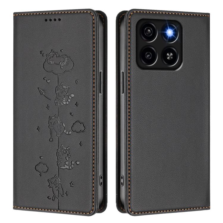 For ZTE Blade A35 / A55 Cute Cats Embossed Magnetic RFID Vegan Leather Phone Case