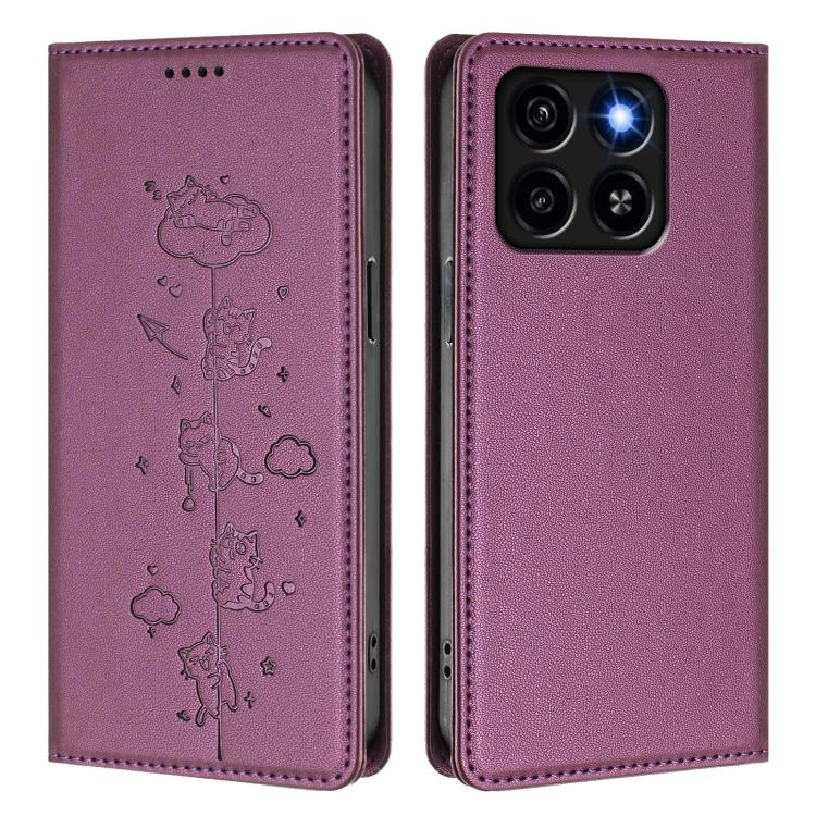 For ZTE Blade A35 / A55 Cute Cats Embossed Magnetic RFID Vegan Leather Phone Case