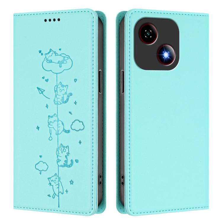 For ZTE Blade A35e 4G Cute Cats Embossed Magnetic RFID Vegan Leather Phone Case