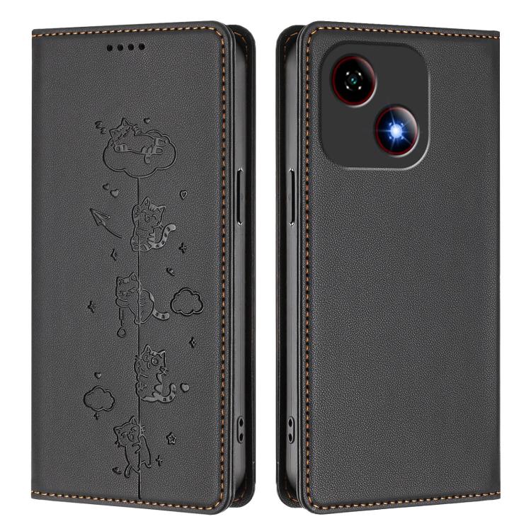 For ZTE Blade A35e 4G Cute Cats Embossed Magnetic RFID Vegan Leather Phone Case