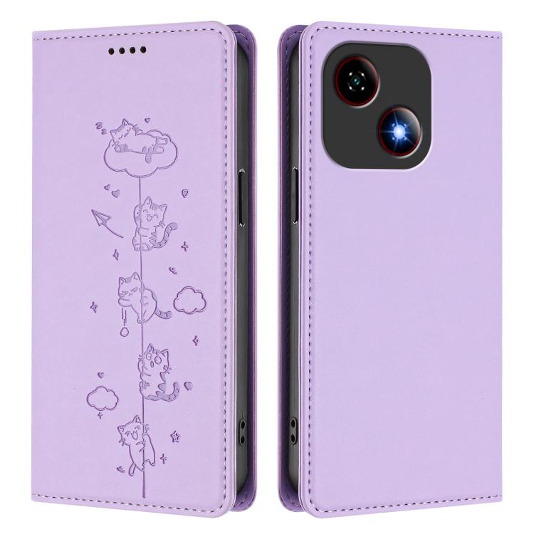 For ZTE Blade A35e 4G Cute Cats Embossed Magnetic RFID Vegan Leather Phone Case