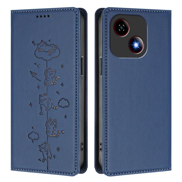 For ZTE Blade A35e 4G Cute Cats Embossed Magnetic RFID Vegan Leather Phone Case