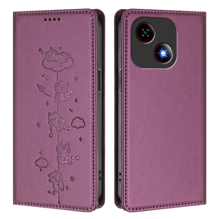 For ZTE Blade A35e 4G Cute Cats Embossed Magnetic RFID Vegan Leather Phone Case