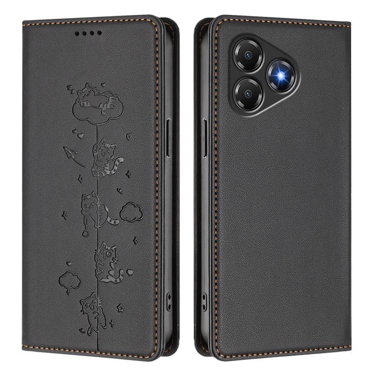 For ZTE Blade A36 4G Cute Cats Embossed Magnetic RFID Vegan Leather Phone Case