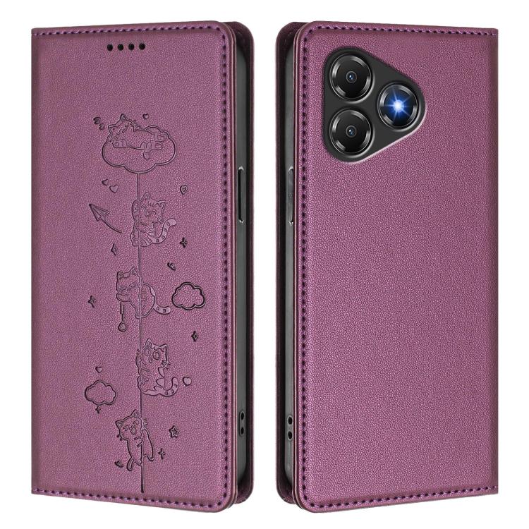 For ZTE Blade A36 4G Cute Cats Embossed Magnetic RFID Vegan Leather Phone Case