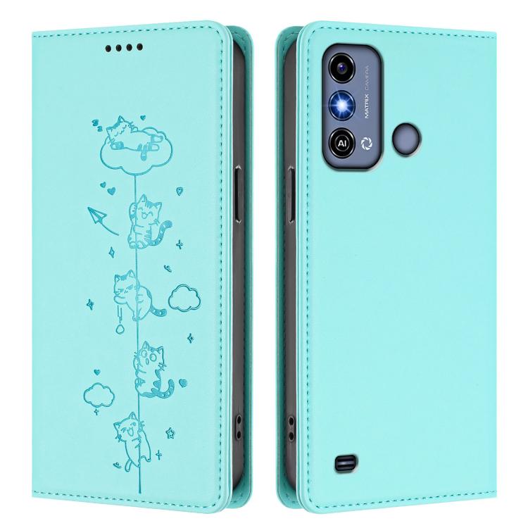 For ZTE Blade A53 / A53+ Cute Cats Embossed Magnetic RFID Vegan Leather Phone Case