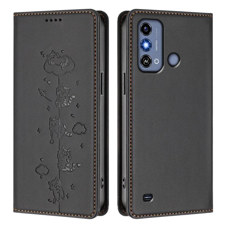 For ZTE Blade A53 / A53+ Cute Cats Embossed Magnetic RFID Vegan Leather Phone Case