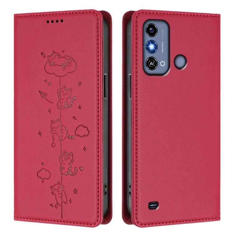 For ZTE Blade A53 / A53+ Cute Cats Embossed Magnetic RFID Vegan Leather Phone Case