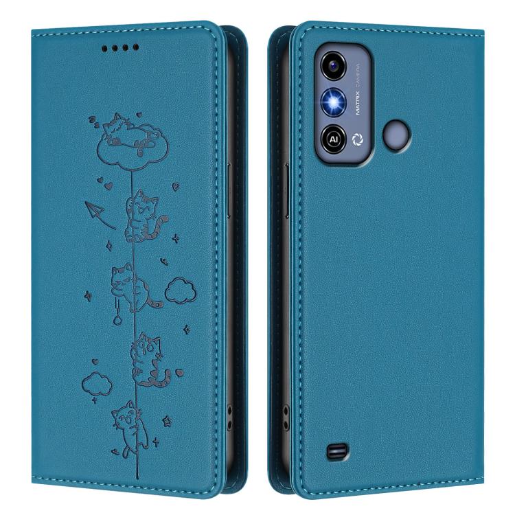 For ZTE Blade A53 / A53+ Cute Cats Embossed Magnetic RFID Vegan Leather Phone Case