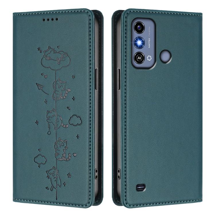 For ZTE Blade A53 / A53+ Cute Cats Embossed Magnetic RFID Vegan Leather Phone Case
