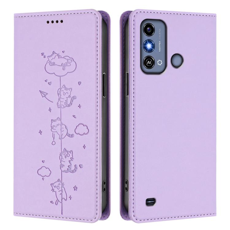 For ZTE Blade A53 / A53+ Cute Cats Embossed Magnetic RFID Vegan Leather Phone Case