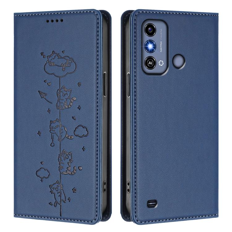 For ZTE Blade A53 / A53+ Cute Cats Embossed Magnetic RFID Vegan Leather Phone Case