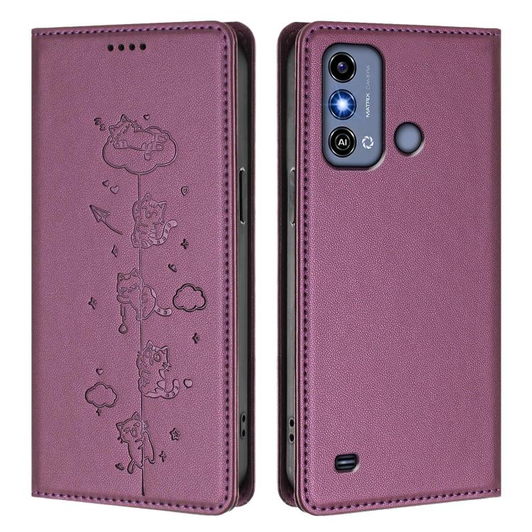 For ZTE Blade A53 / A53+ Cute Cats Embossed Magnetic RFID Vegan Leather Phone Case