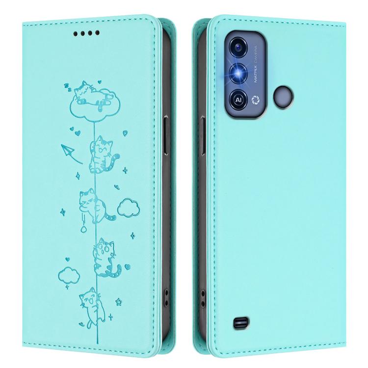 For ZTE Blade A53 Pro Cute Cats Embossed Magnetic RFID Vegan Leather Phone Case