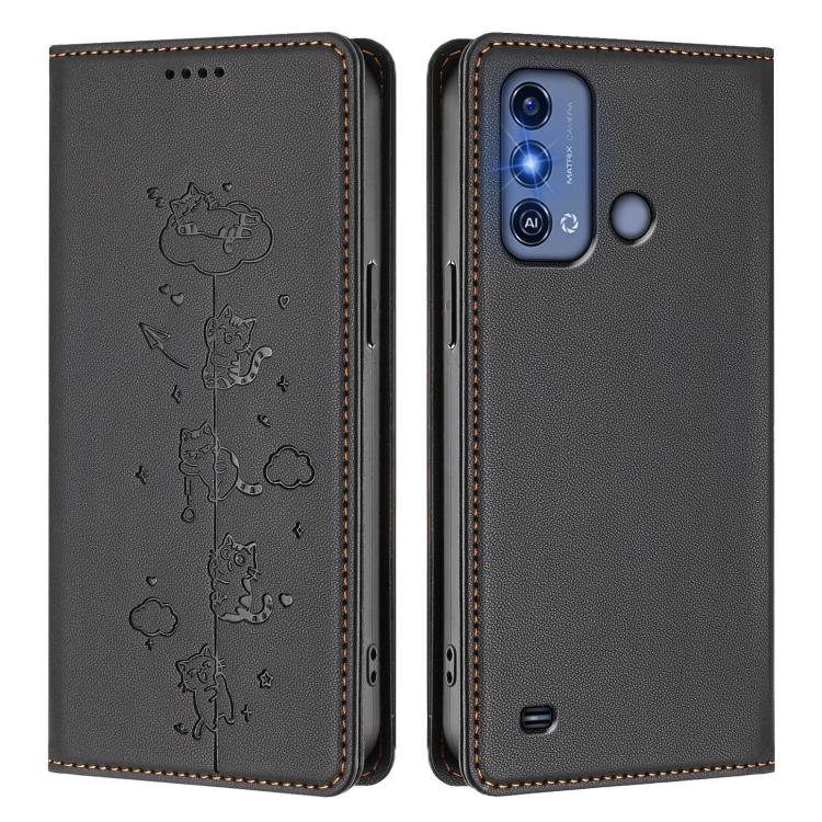 For ZTE Blade A53 Pro Cute Cats Embossed Magnetic RFID Vegan Leather Phone Case