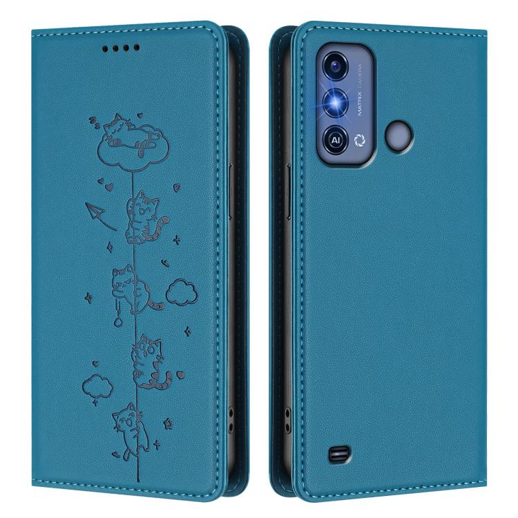 For ZTE Blade A53 Pro Cute Cats Embossed Magnetic RFID Vegan Leather Phone Case
