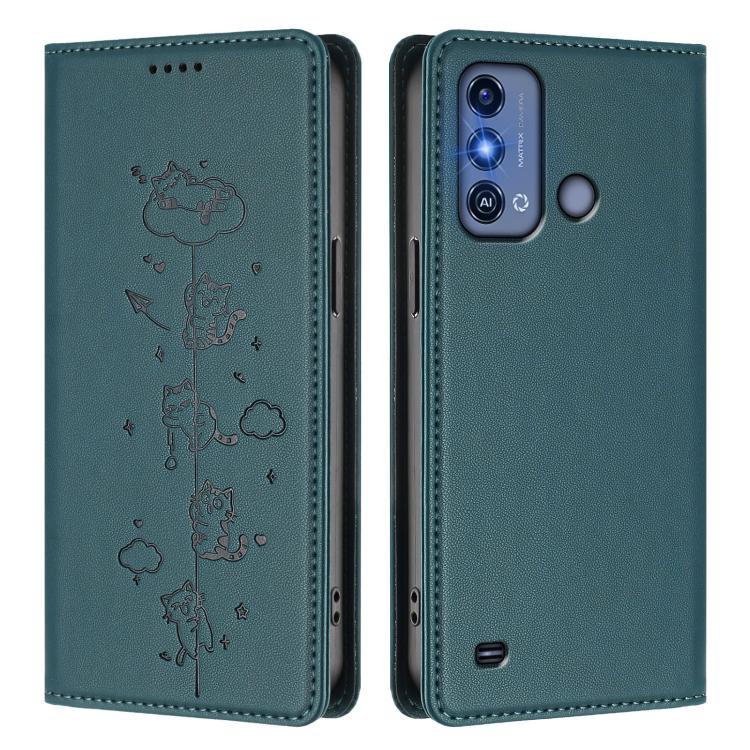 For ZTE Blade A53 Pro Cute Cats Embossed Magnetic RFID Vegan Leather Phone Case