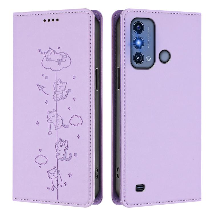 For ZTE Blade A53 Pro Cute Cats Embossed Magnetic RFID Vegan Leather Phone Case