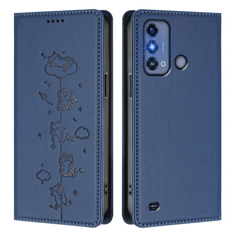For ZTE Blade A53 Pro Cute Cats Embossed Magnetic RFID Vegan Leather Phone Case