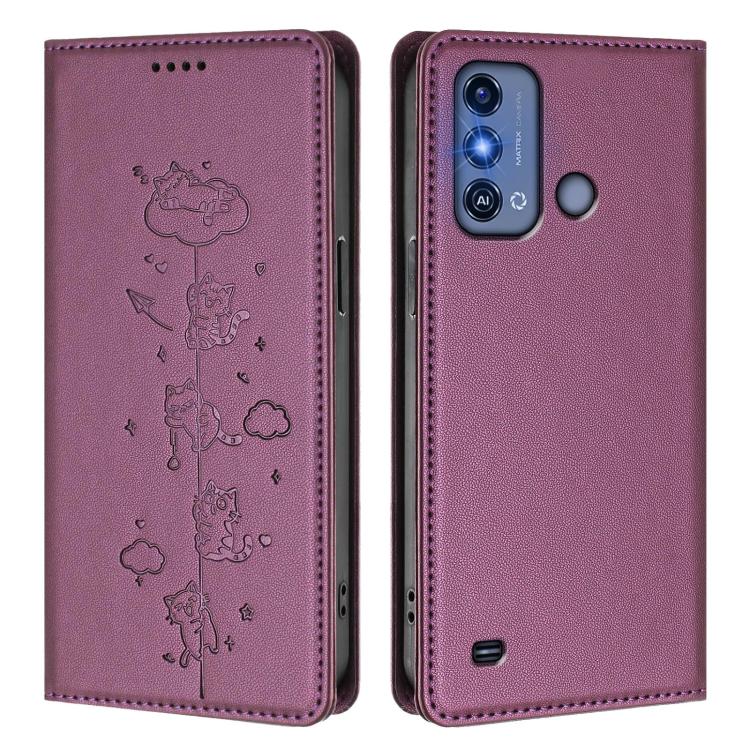 For ZTE Blade A53 Pro Cute Cats Embossed Magnetic RFID Vegan Leather Phone Case