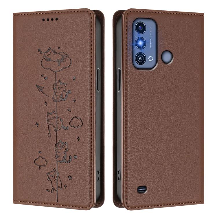 For ZTE Blade A53 Pro Cute Cats Embossed Magnetic RFID Vegan Leather Phone Case