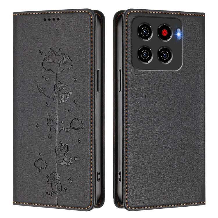 For ZTE Blade A56 4G Cute Cats Embossed Magnetic RFID Vegan Leather Phone Case