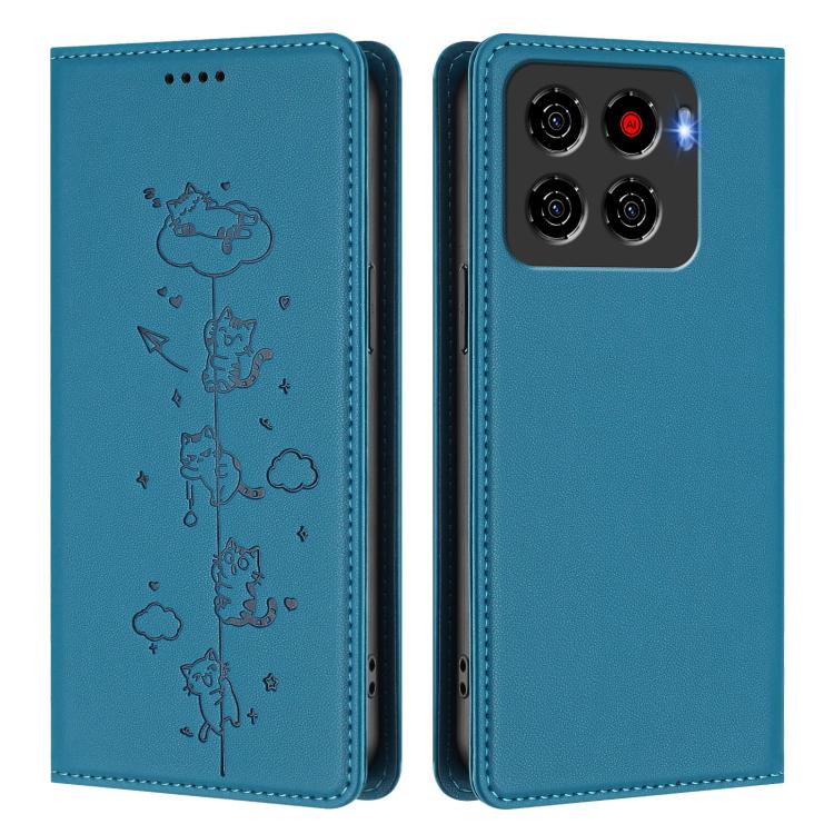 For ZTE Blade A56 4G Cute Cats Embossed Magnetic RFID Vegan Leather Phone Case