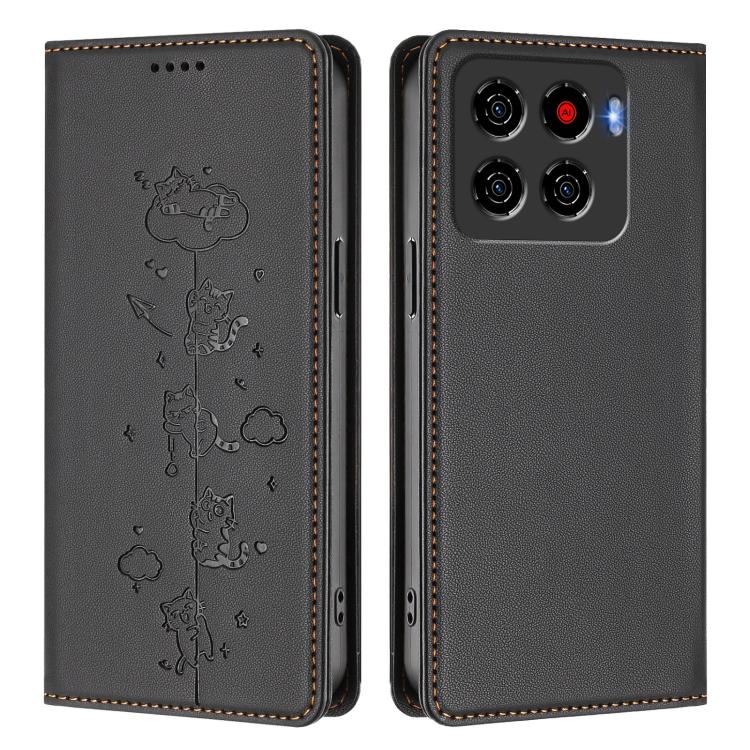 For ZTE Blade A56 Pro Cute Cats Embossed Magnetic RFID Vegan Leather Phone Case