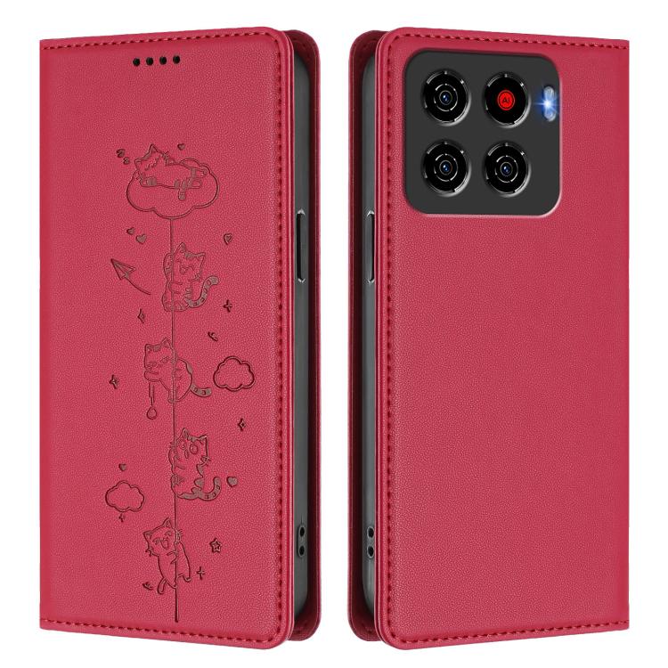 For ZTE Blade A56 Pro Cute Cats Embossed Magnetic RFID Vegan Leather Phone Case