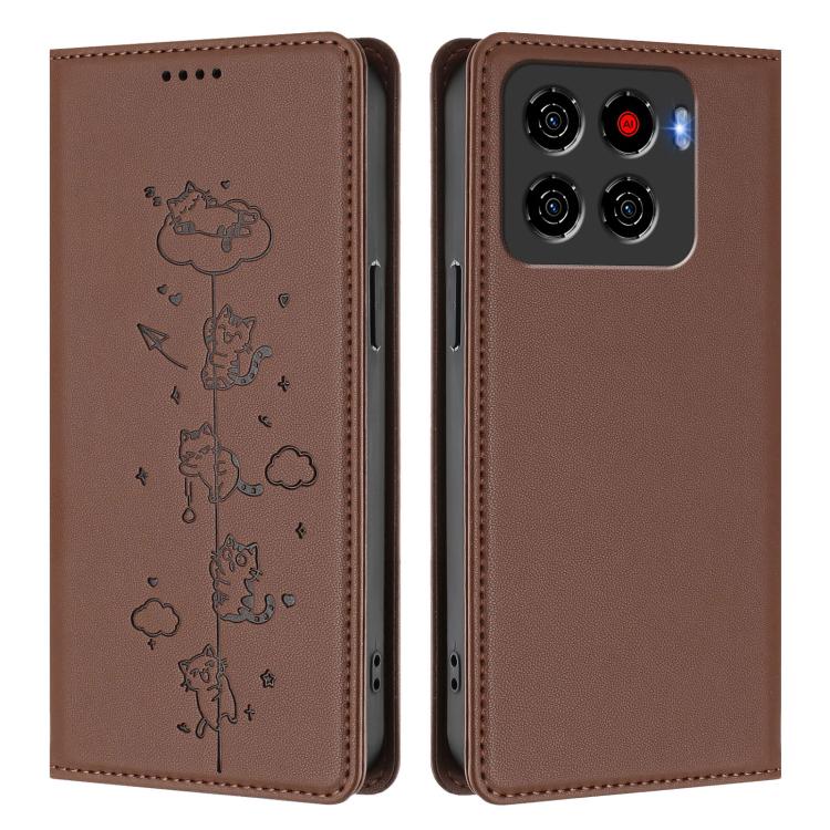 For ZTE Blade A56 Pro Cute Cats Embossed Magnetic RFID Vegan Leather Phone Case