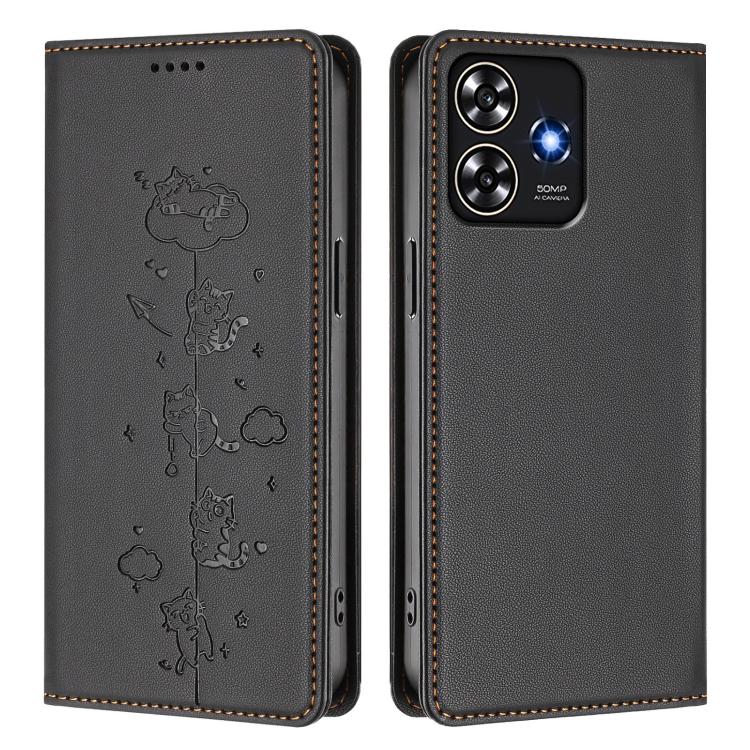 For ZTE Blade A73 4G Cute Cats Embossed Magnetic RFID Vegan Leather Phone Case