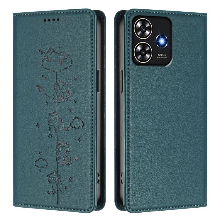 For ZTE Blade A73 4G Cute Cats Embossed Magnetic RFID Vegan Leather Phone Case