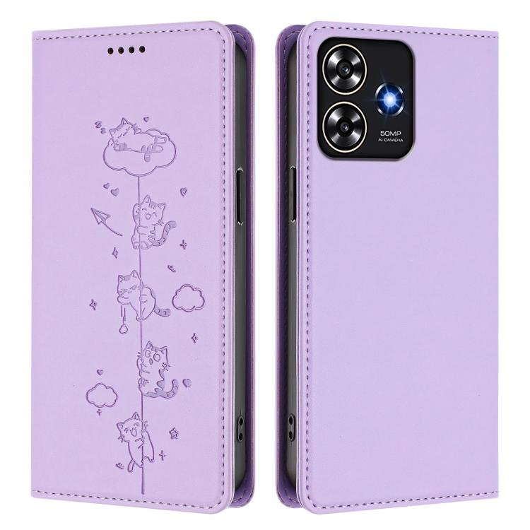 For ZTE Blade A73 4G Cute Cats Embossed Magnetic RFID Vegan Leather Phone Case