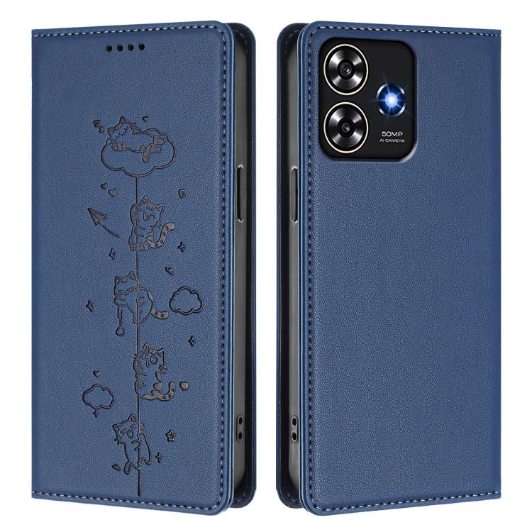 For ZTE Blade A73 4G Cute Cats Embossed Magnetic RFID Vegan Leather Phone Case