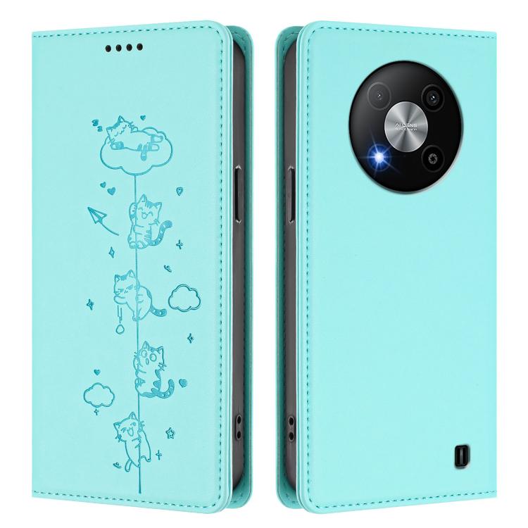 For ZTE Blade A73 5G Cute Cats Embossed Magnetic RFID Vegan Leather Phone Case