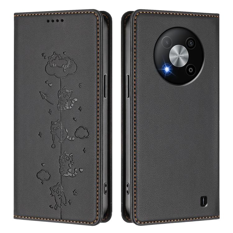 For ZTE Blade A73 5G Cute Cats Embossed Magnetic RFID Vegan Leather Phone Case