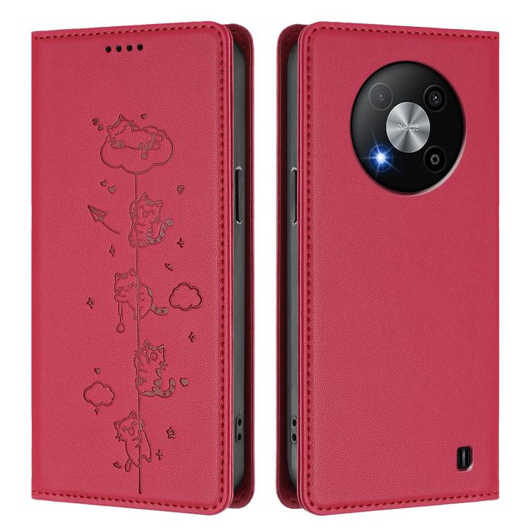 For ZTE Blade A73 5G Cute Cats Embossed Magnetic RFID Vegan Leather Phone Case