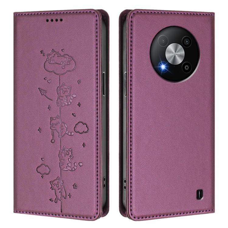 For ZTE Blade A73 5G Cute Cats Embossed Magnetic RFID Vegan Leather Phone Case
