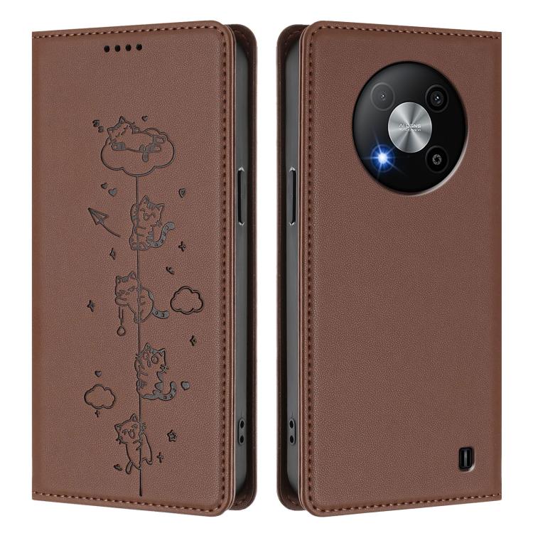 For ZTE Blade A73 5G Cute Cats Embossed Magnetic RFID Vegan Leather Phone Case