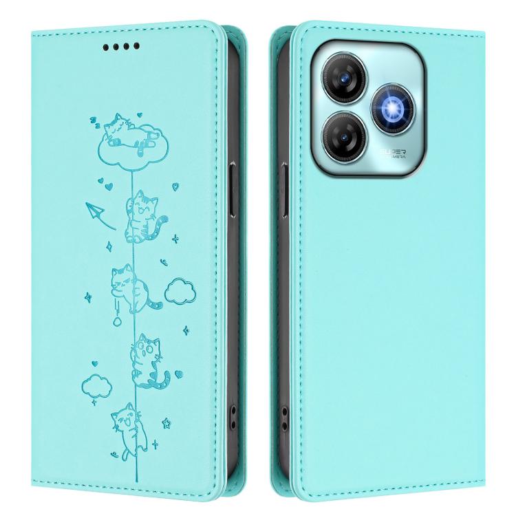 For ZTE Blade A75 4G Cute Cats Embossed Magnetic RFID Vegan Leather Phone Case