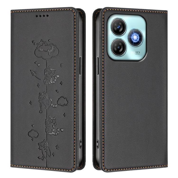For ZTE Blade A75 4G Cute Cats Embossed Magnetic RFID Vegan Leather Phone Case